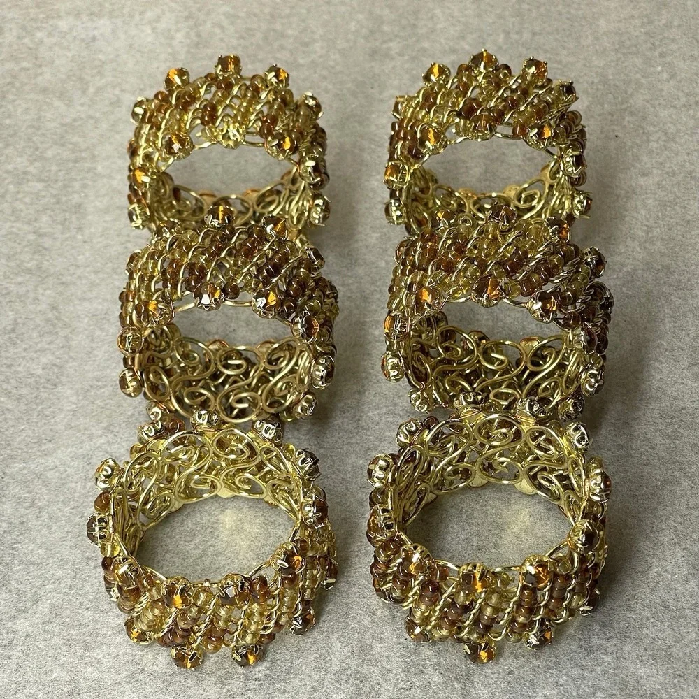 Vintage Glass Beaded Napkin Rings Gold Wire Jeweled Rhinestone Topaz Brown Set 6